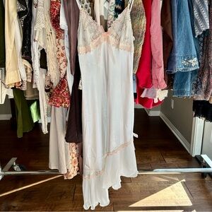 Delicates White Satin Asymmetrical Lace Long Slip Dress – Pink Bow Trim